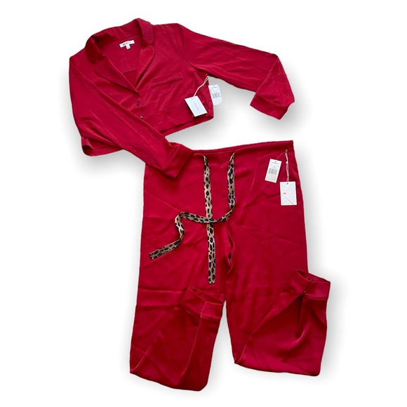 NWT Good American Red Cheetah Satin Pajama Set Crop Shirt Size 3 - Picture 1 of 13